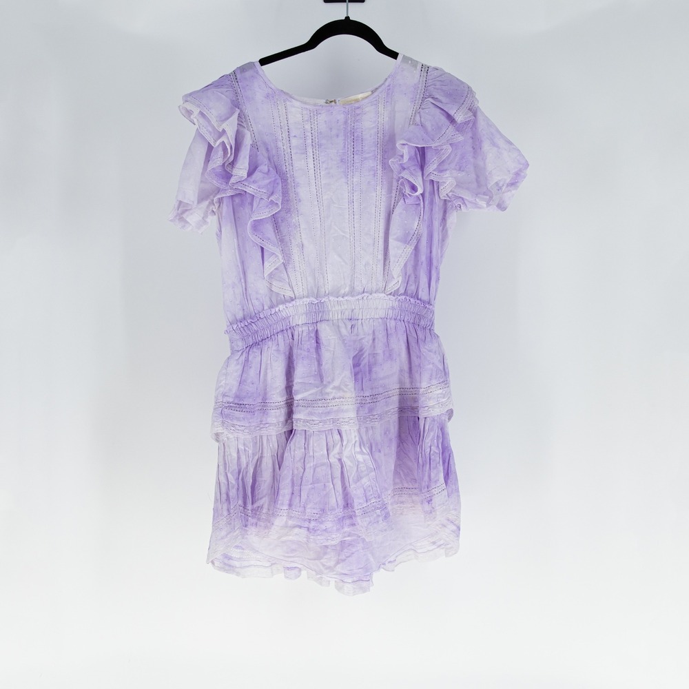LoveShackFancy Natasha Heritage Mini Cotton Ruffle Dress Purple Tie Dye Large